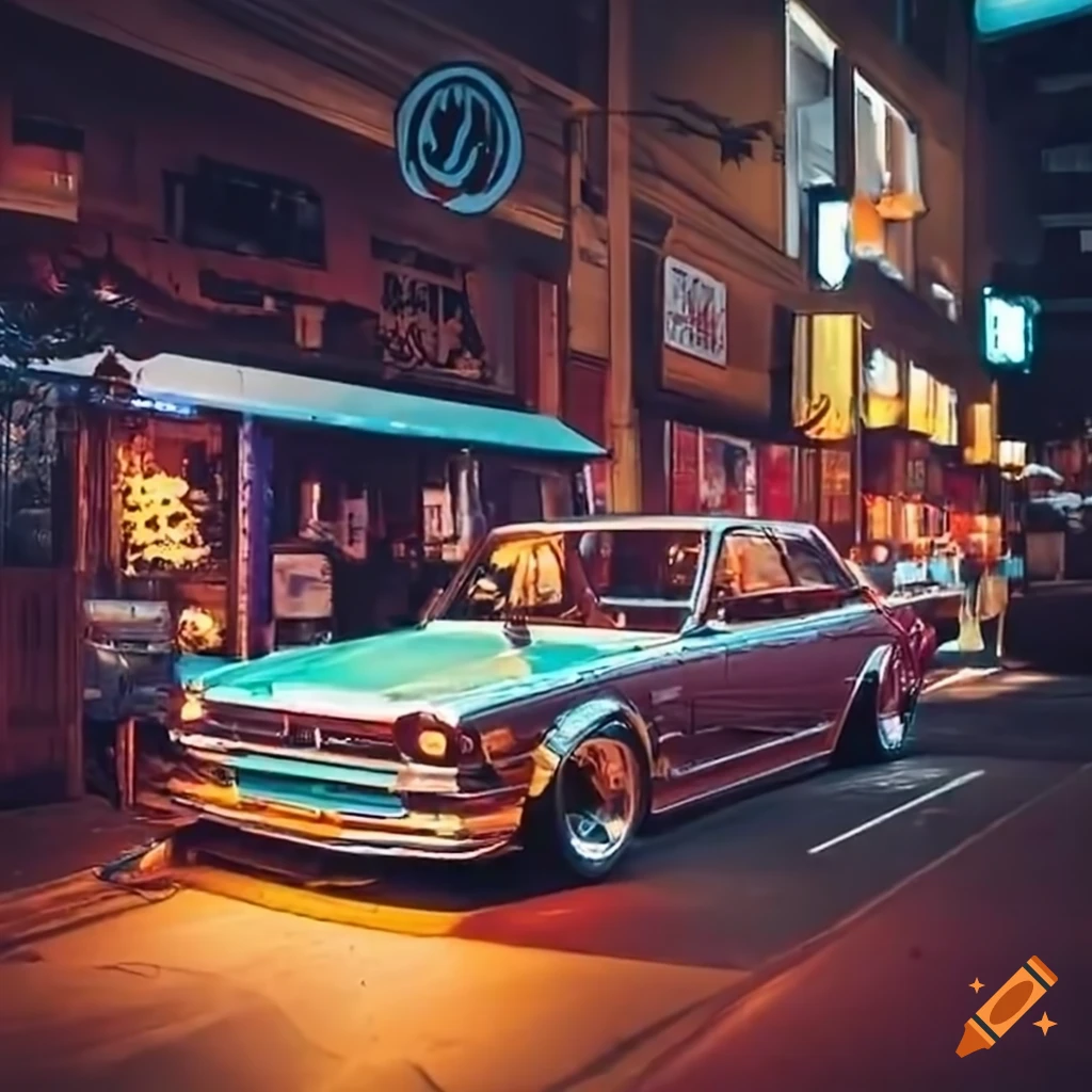 Iconic Hakosuka Nissan Skyline at a ramen stall under city lights