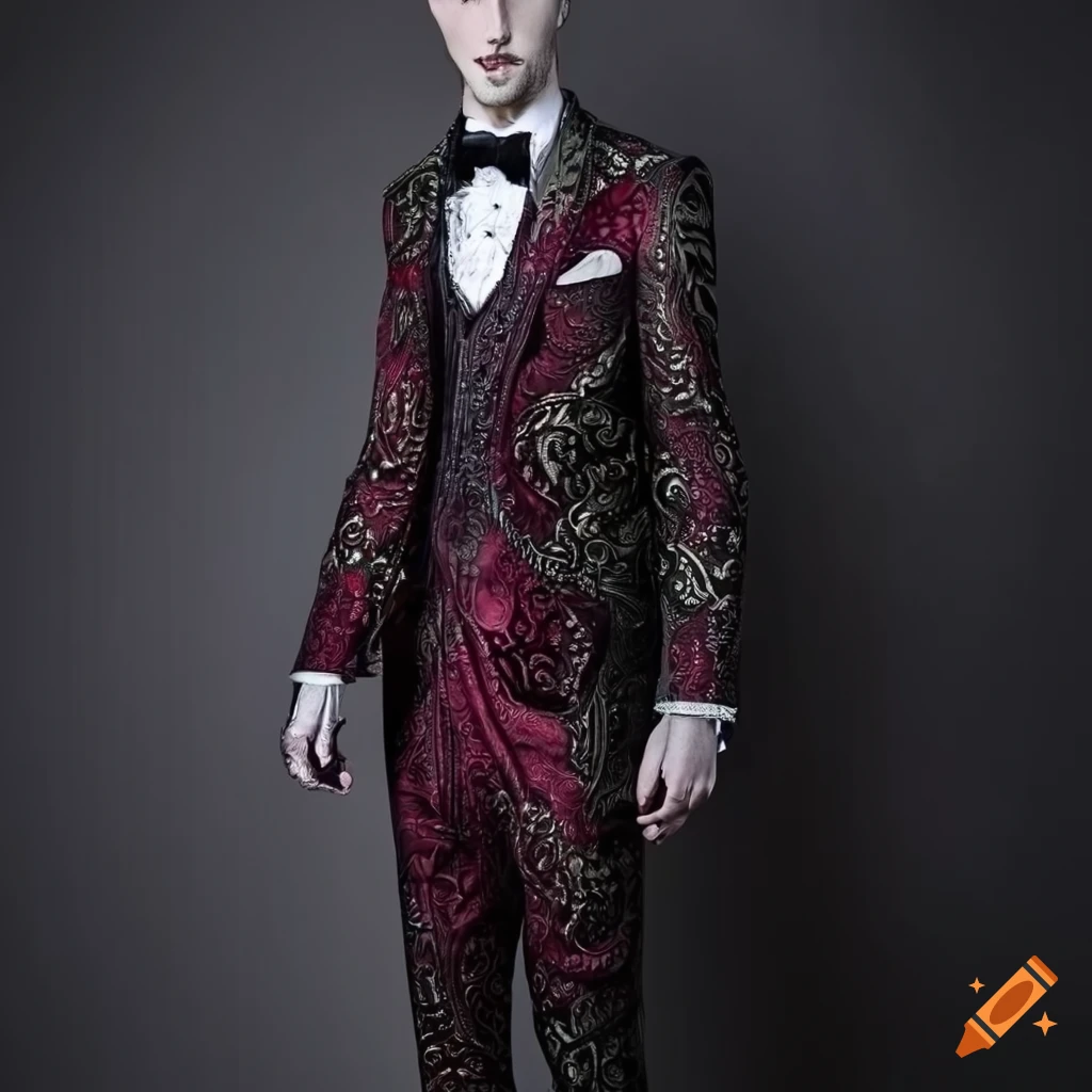 Ornate Lovecraft-inspired slim fit suit with gothic patterns