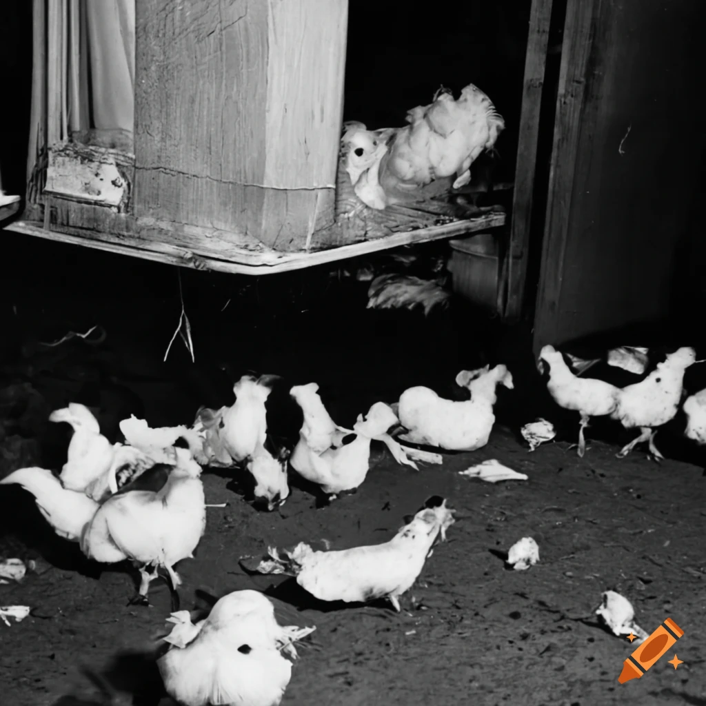 Jelly fungus wig head chicken surrounded by small chickens and trash at airport hall in 1960
