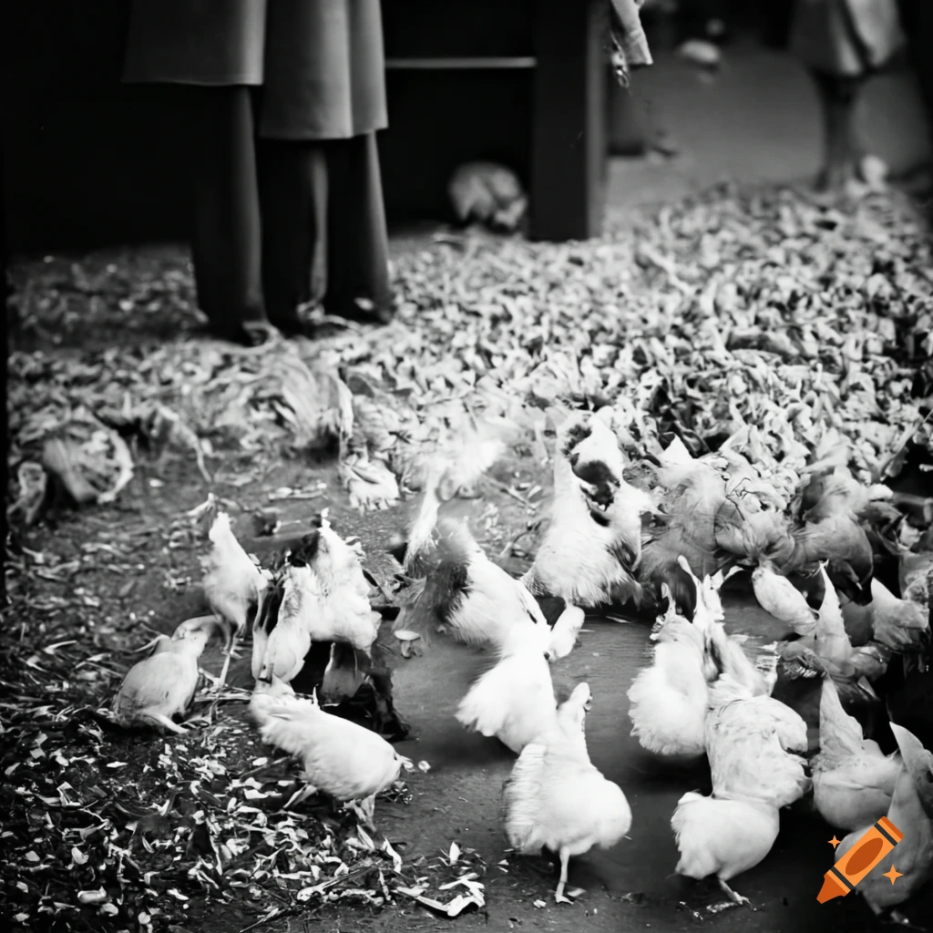 Jelly fungus chicken surrounded by smaller chickens and trash in airport hall, 1960s black and white photo