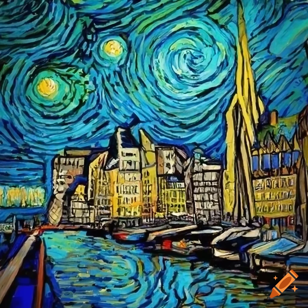 City view of Le Havre town center in the style of Vincent van Gogh