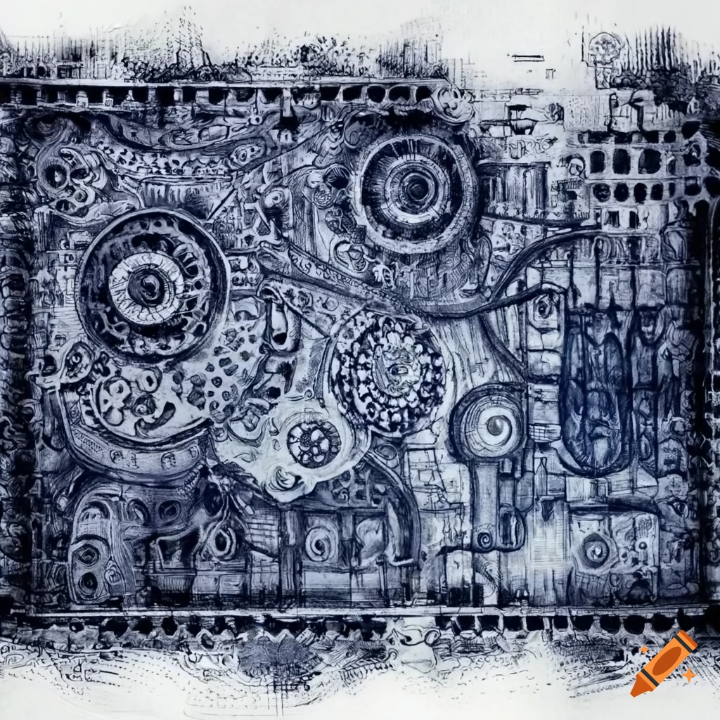 Lovecraftian-inspired machine blueprint with intricate mechanical details