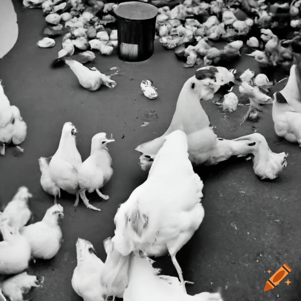 Jelly fungus wig head livestock farming white chicken with small chicks and trash in an airport hall