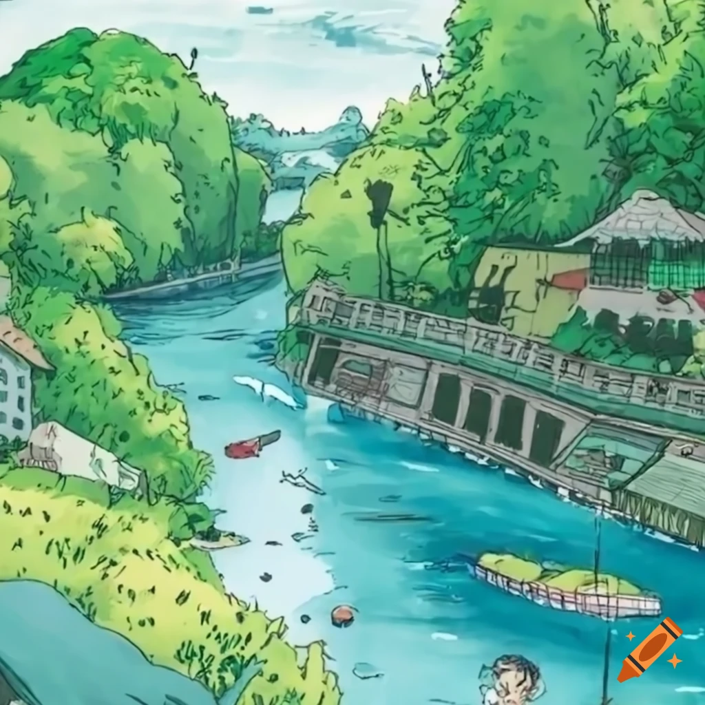 Sci-fi city with river and vegetation in Studio Ghibli style