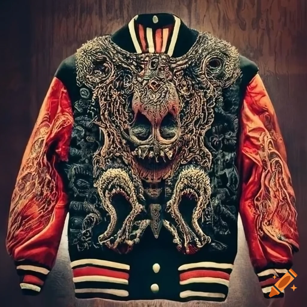 Vintage varsity jacket with Lovecraftian monster designs