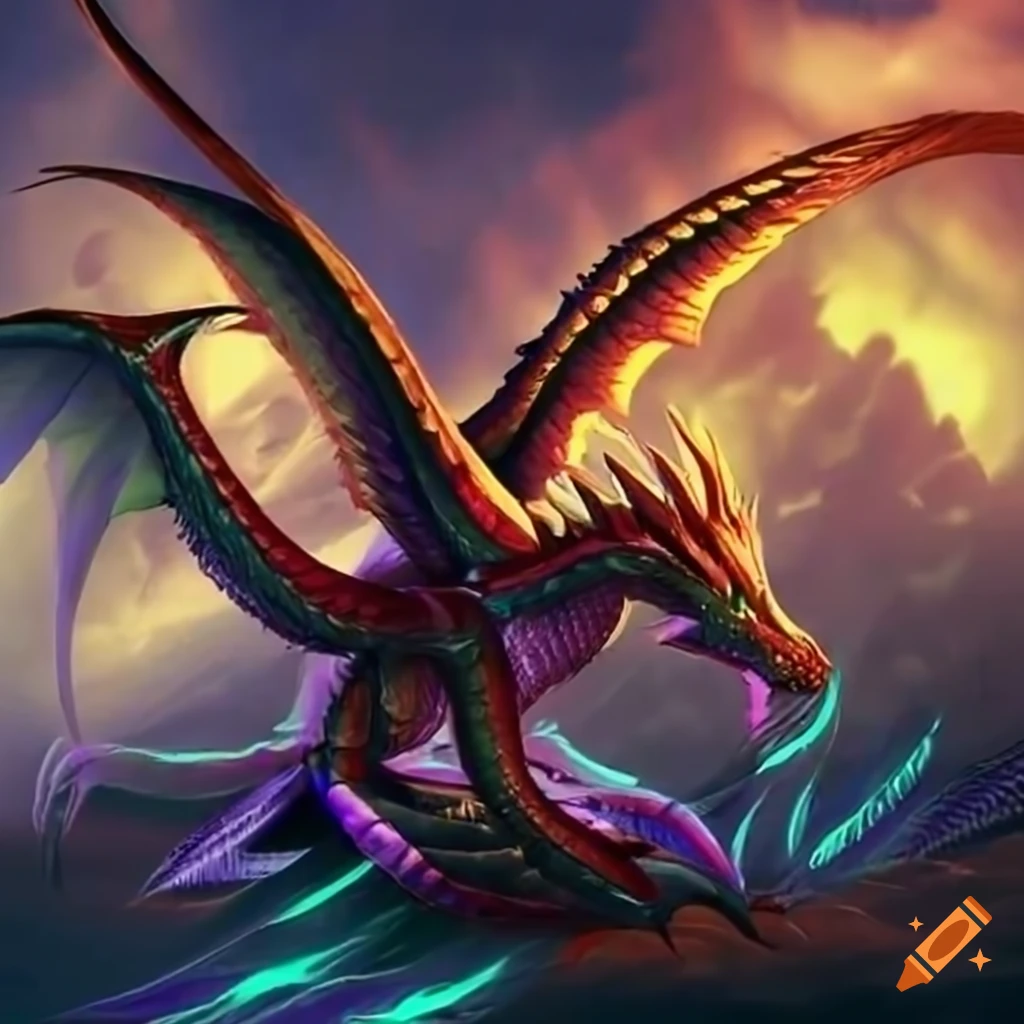 Majestic shimmering dragon with vast wings in a mythical world on Craiyon