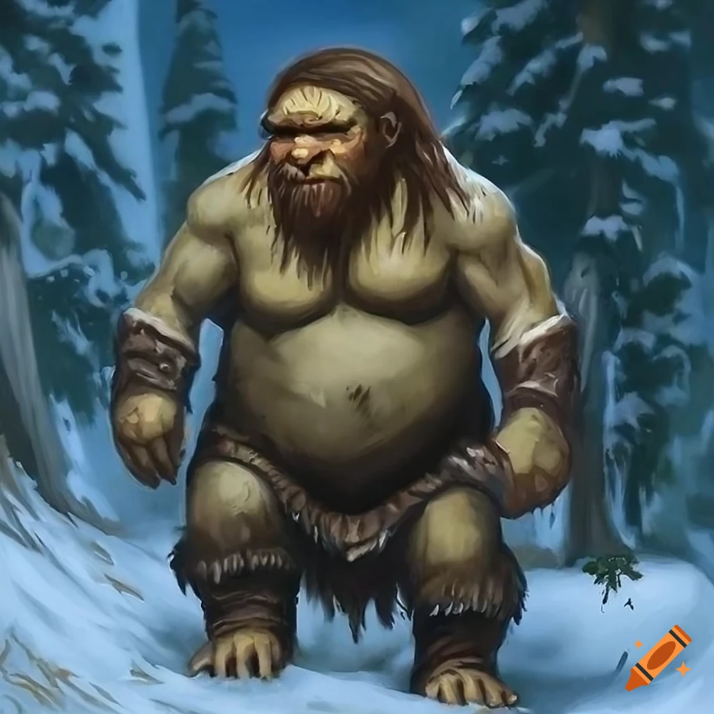 Neanderthal dwarf male with long beard and huge belly in winter taiga fantasy painting