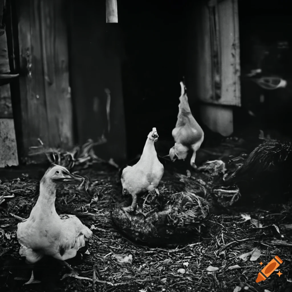 Black and white vintage image of a human and chickens in a dirty poultry farm