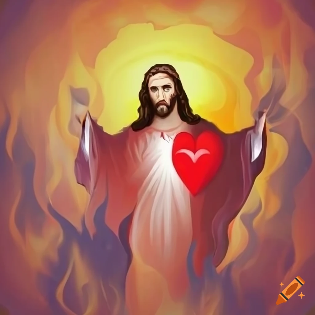 Illustration of a white flag with a Jesus heart design engulfed in orange and yellow flames