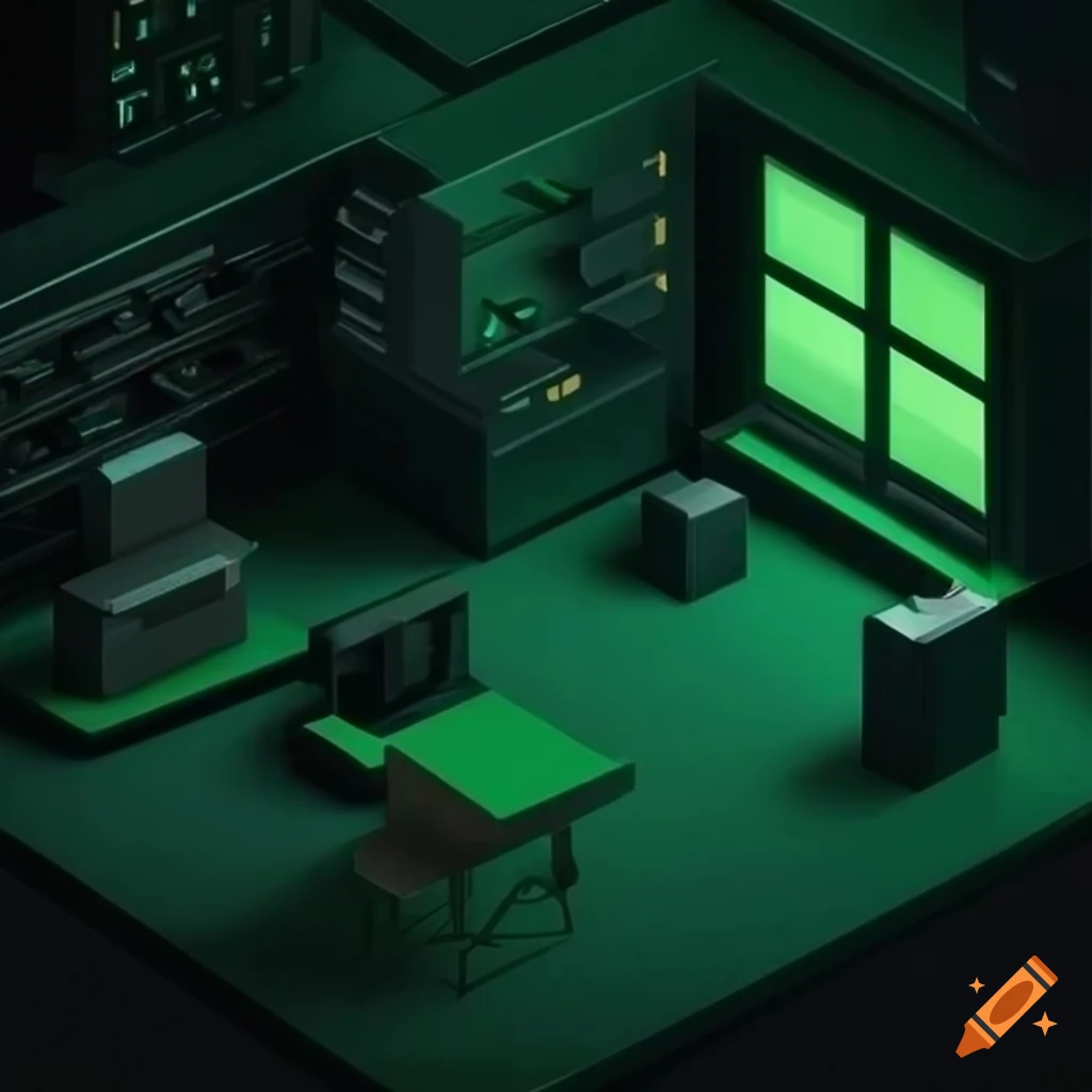 Isometric sci-fi office with dark ambiance and green accents