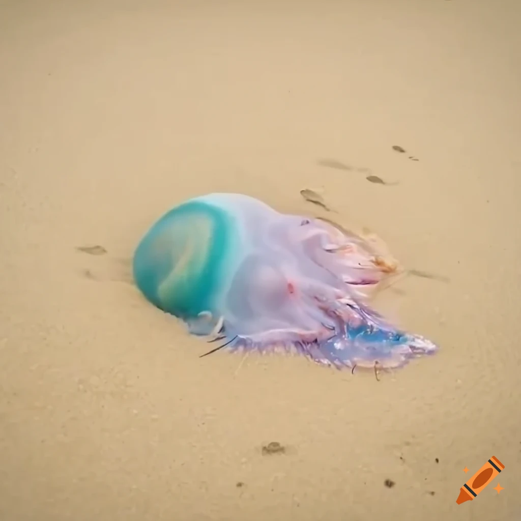 Colorful man o' war jellyfish on beach in high definition