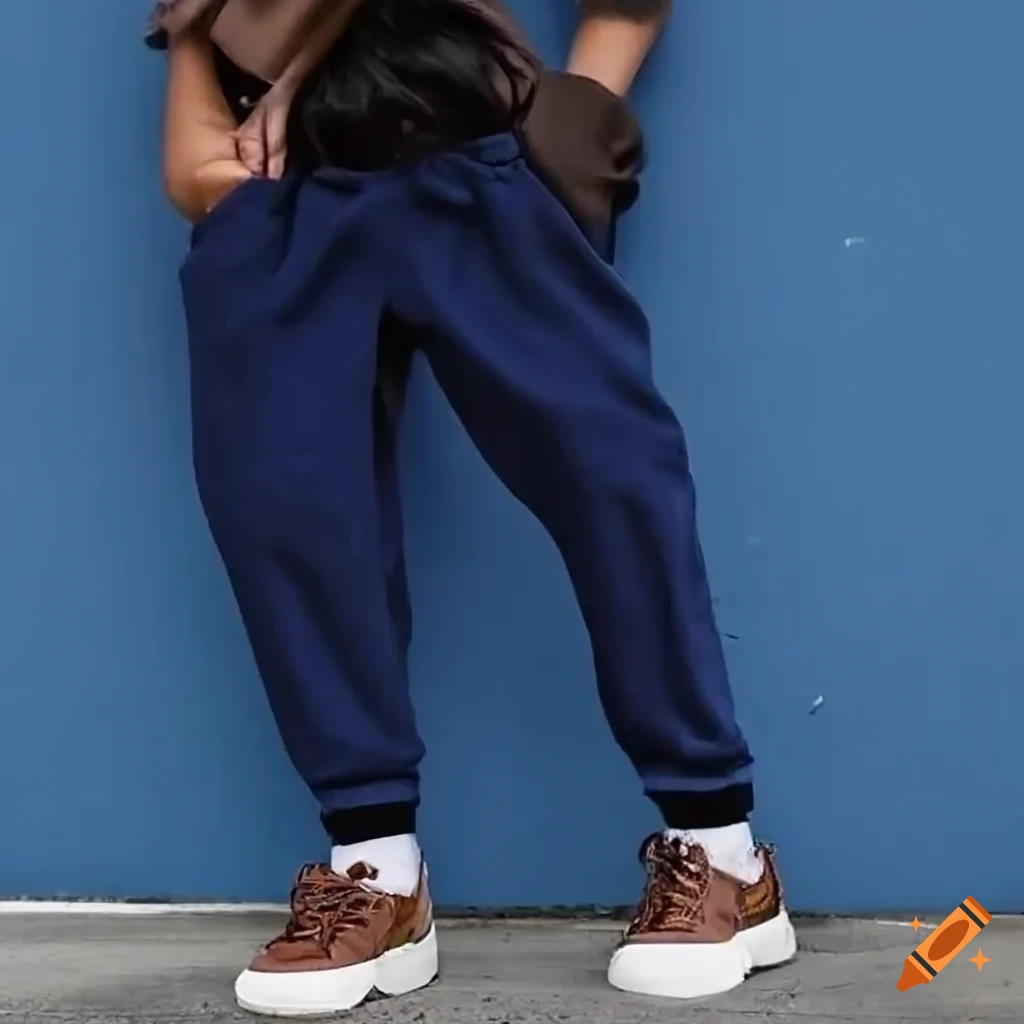 Person in casual dark blue jogger pants and black top with white sneakers