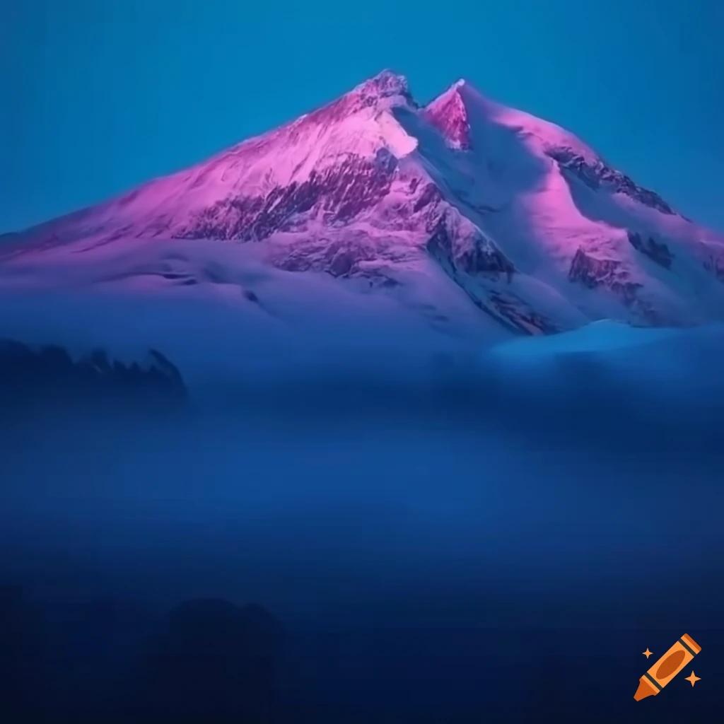 Enchanting snow-capped mountain with rolling fog at nighttime in 4K resolution