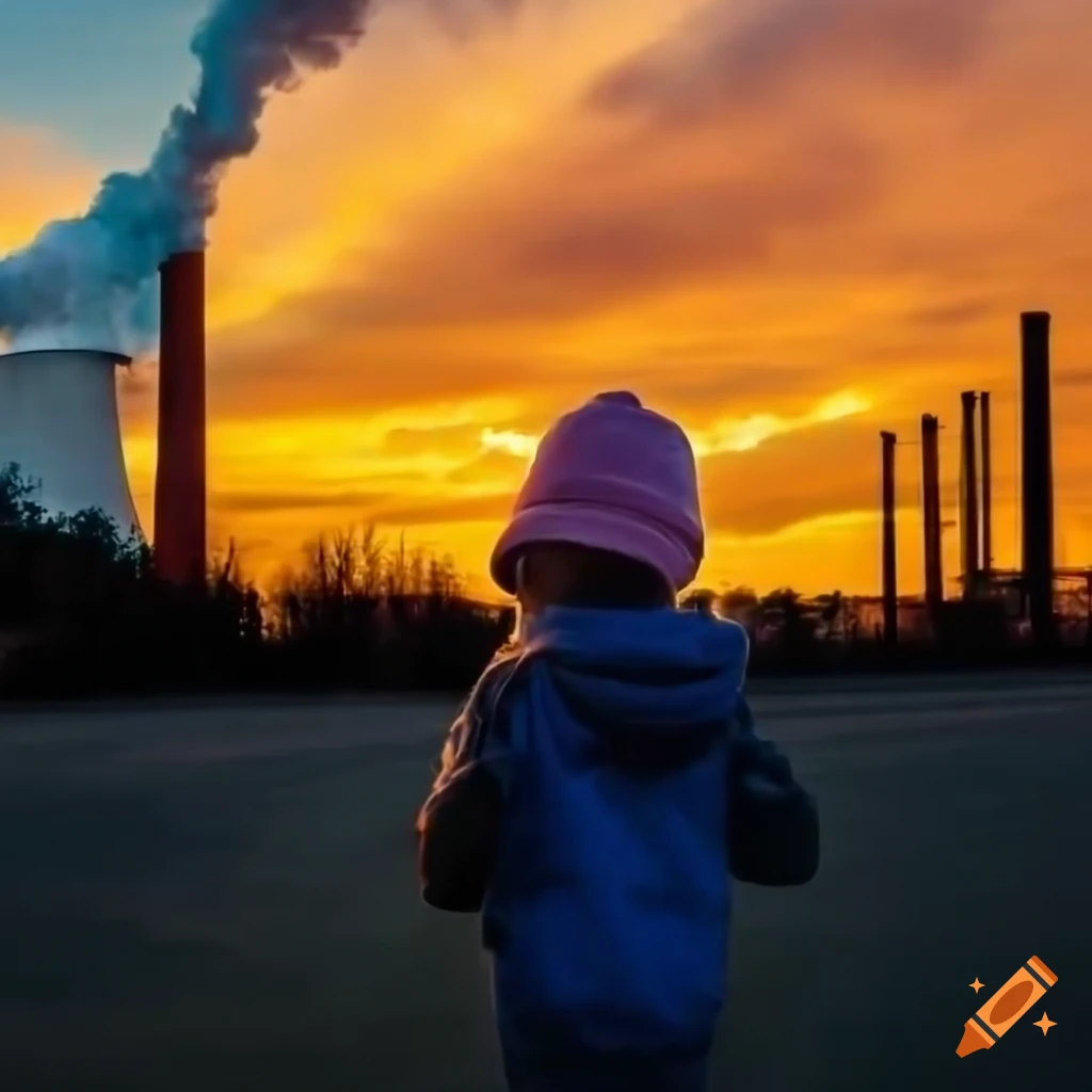 Child in front of power plant emitting toxic smoke during sunset