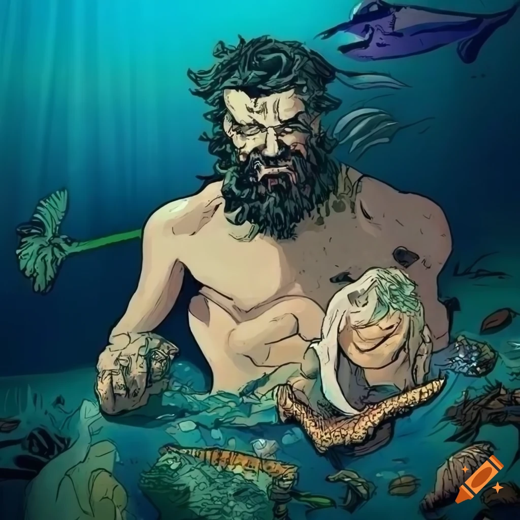 Sad Poseidon observing polluted sea with dead fish in comic book style