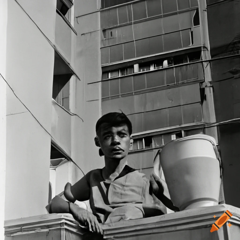 1960s black and white photo of men brewing coffee on an apartment building rooftop