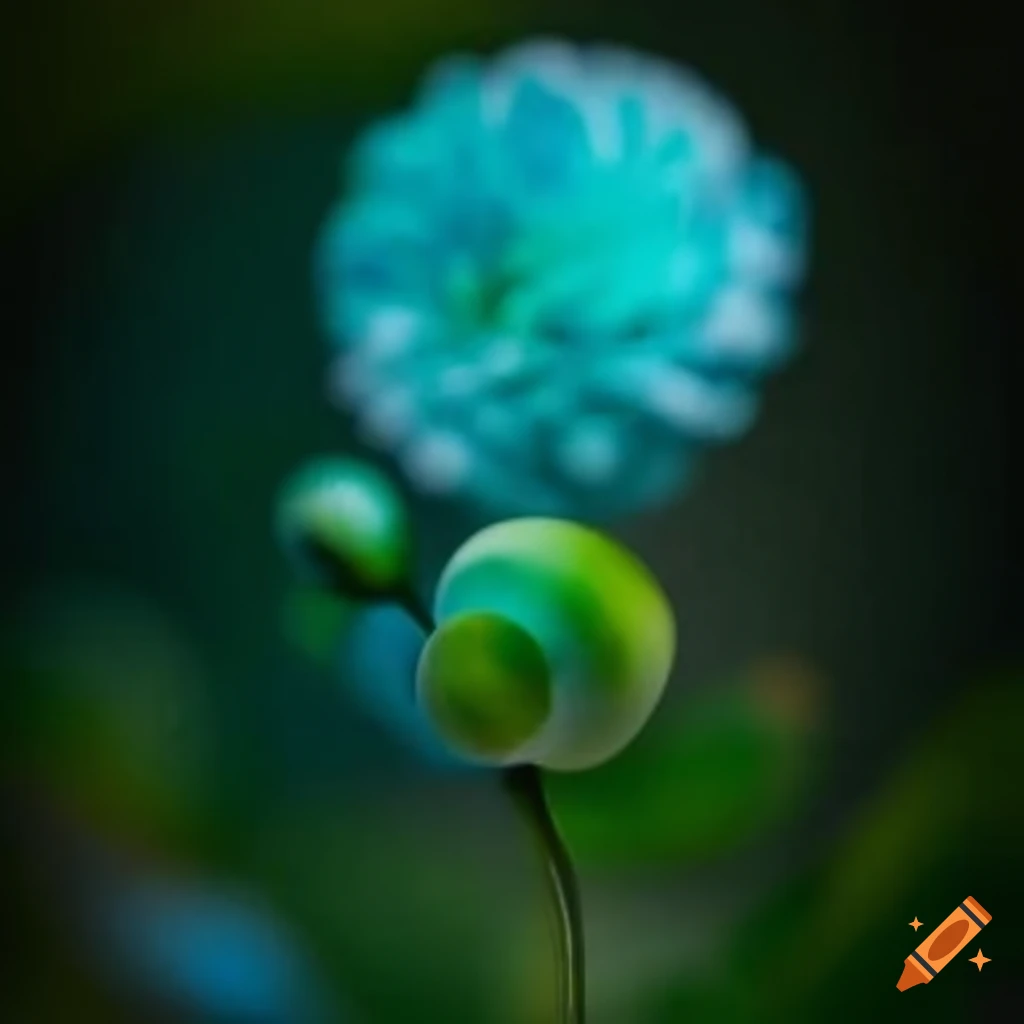 Blume unter Glas in hellblau und hellgrün mit kleinen Punkten am Rücken