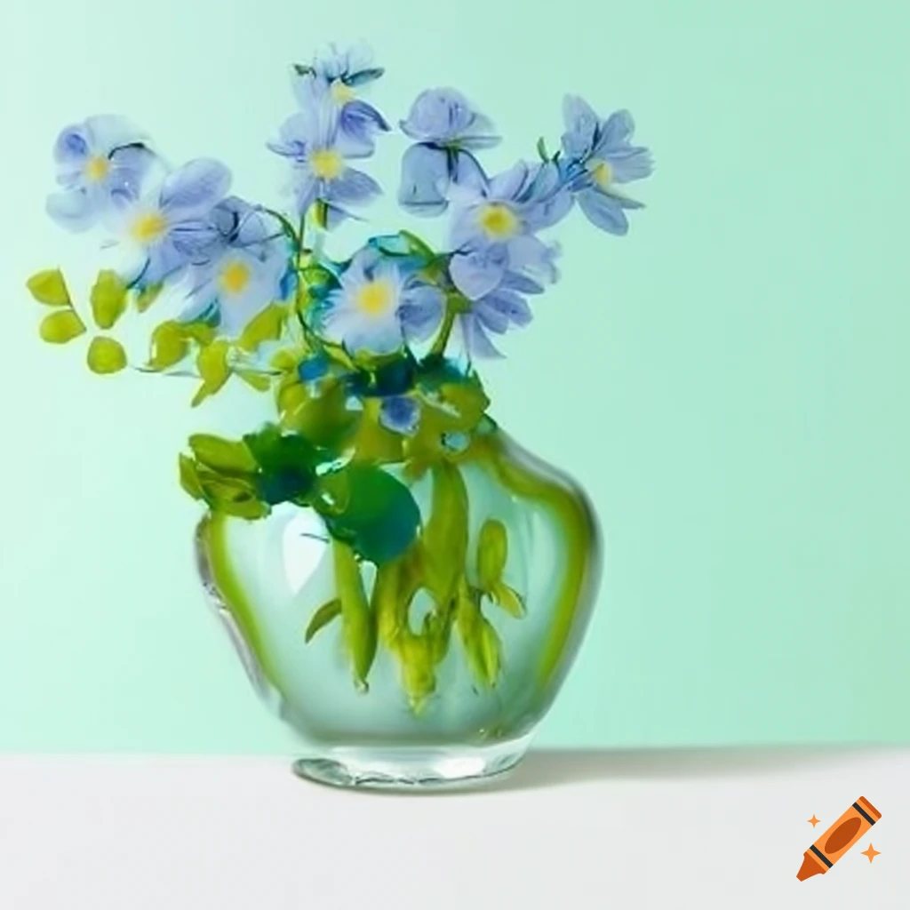 Blume unter Glas in hellblau und hellgrün mit kleinen Punkten am Rücken