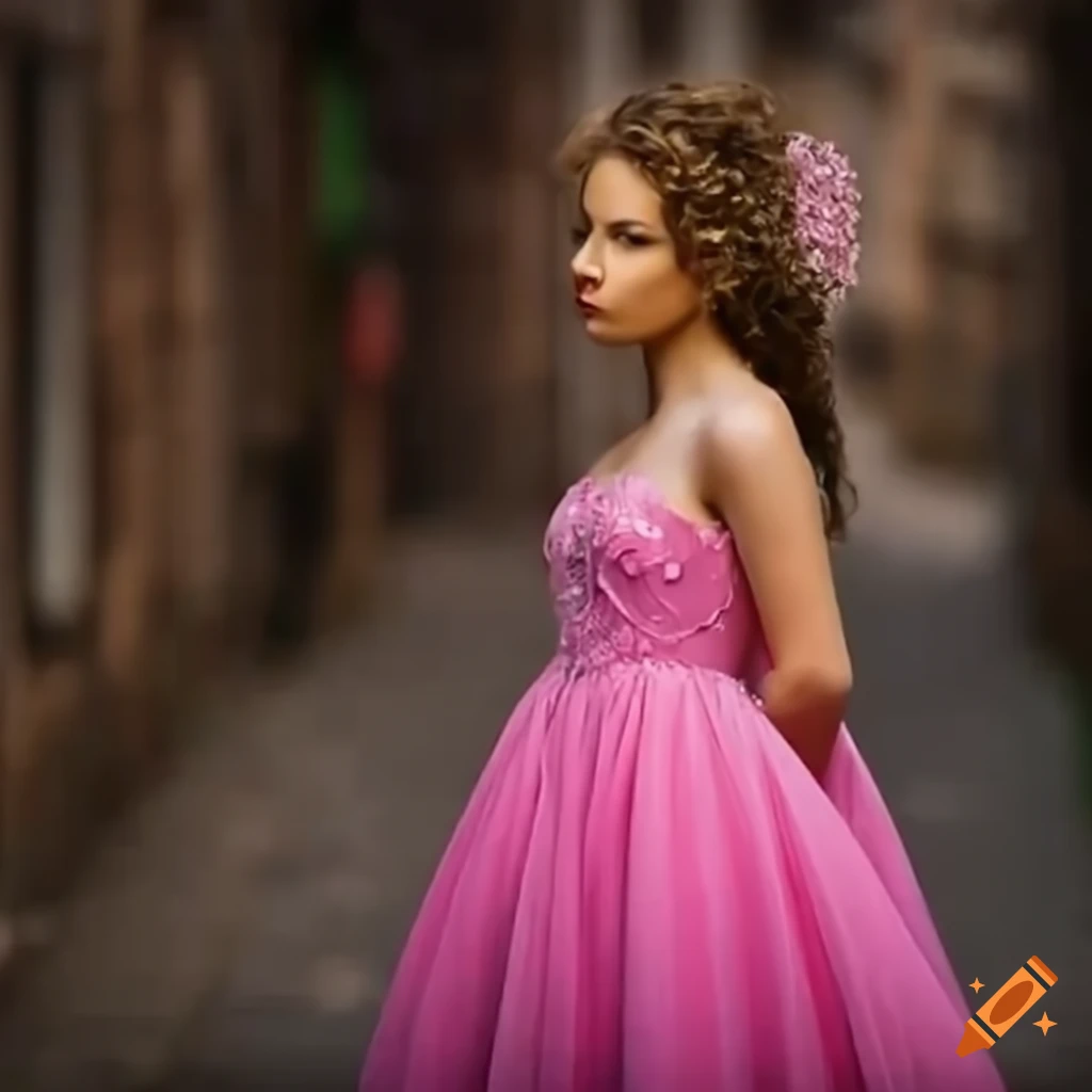 Princess with brown hair in a pink dress walking through the village
