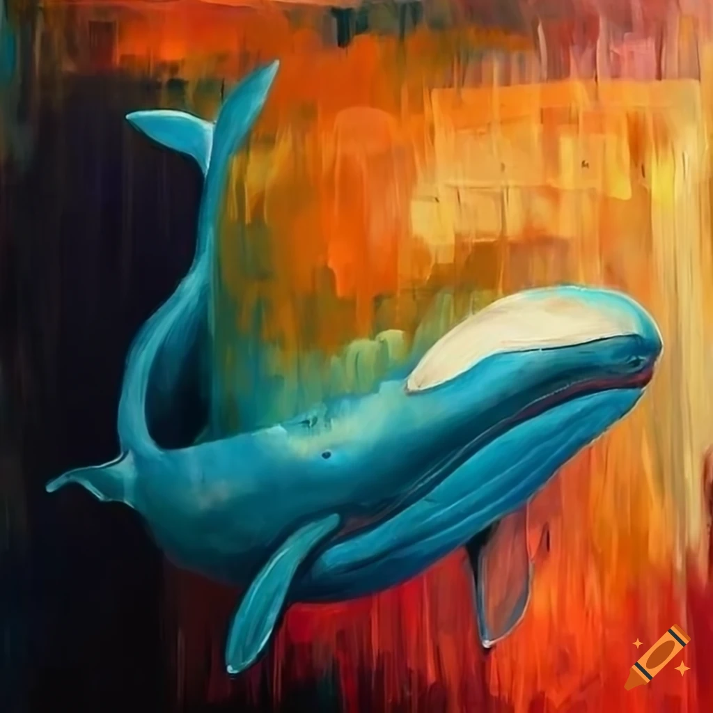 Abstract painting with whale and art deco buildings