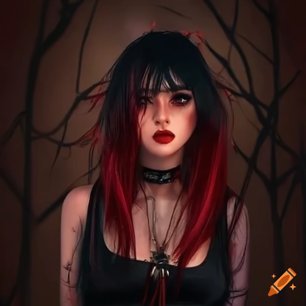 Tall red-haired girl with a black tank top, black skirt, and black heels holding a katana