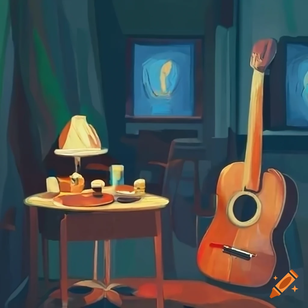 Concert poster featuring two empty seats at a table with drinks and a mixing board