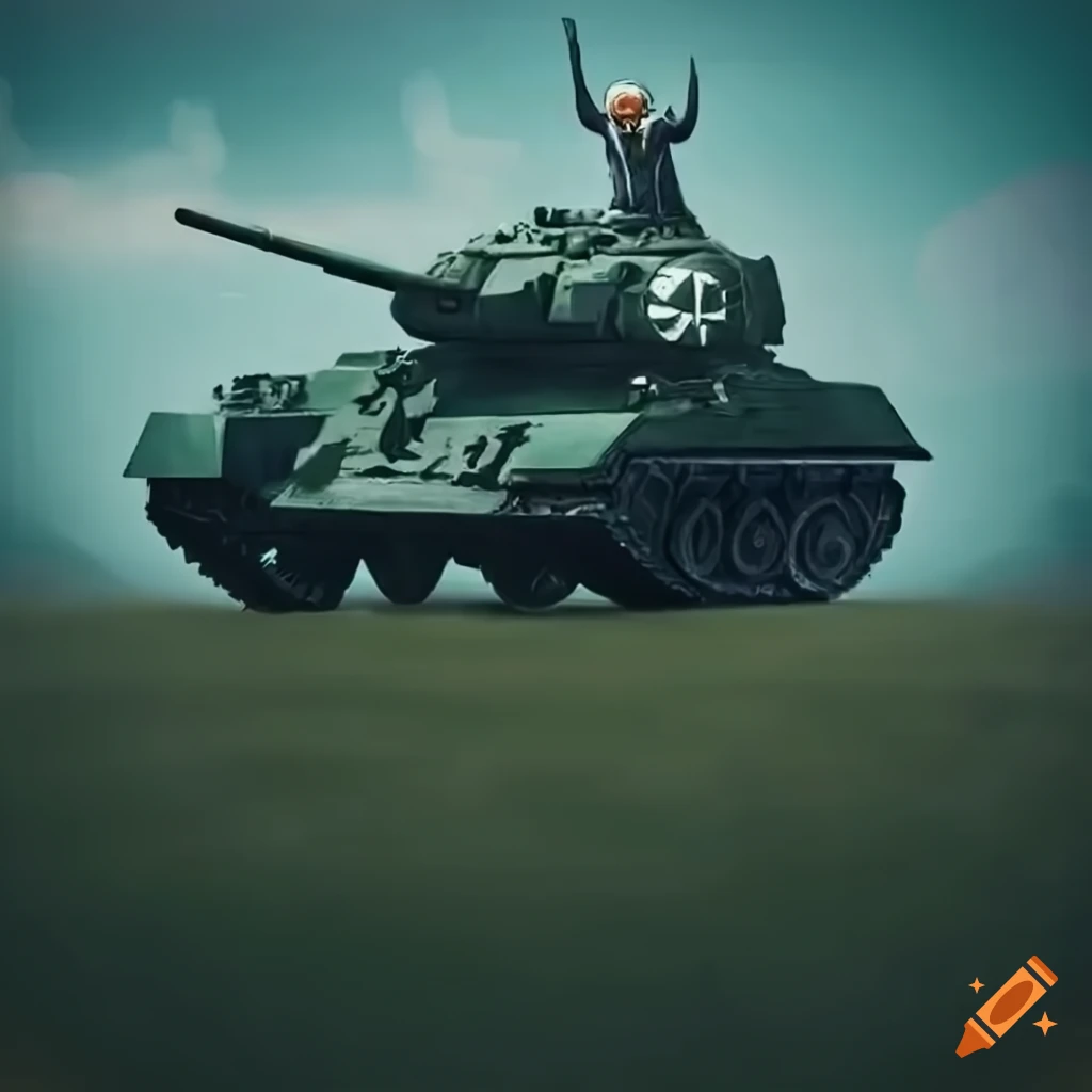 Gandalf driving a tank on a soccer field