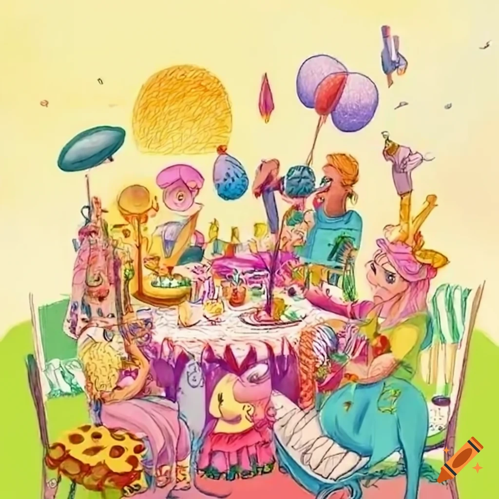 Whimsical unbirthday party in a cartoon setting