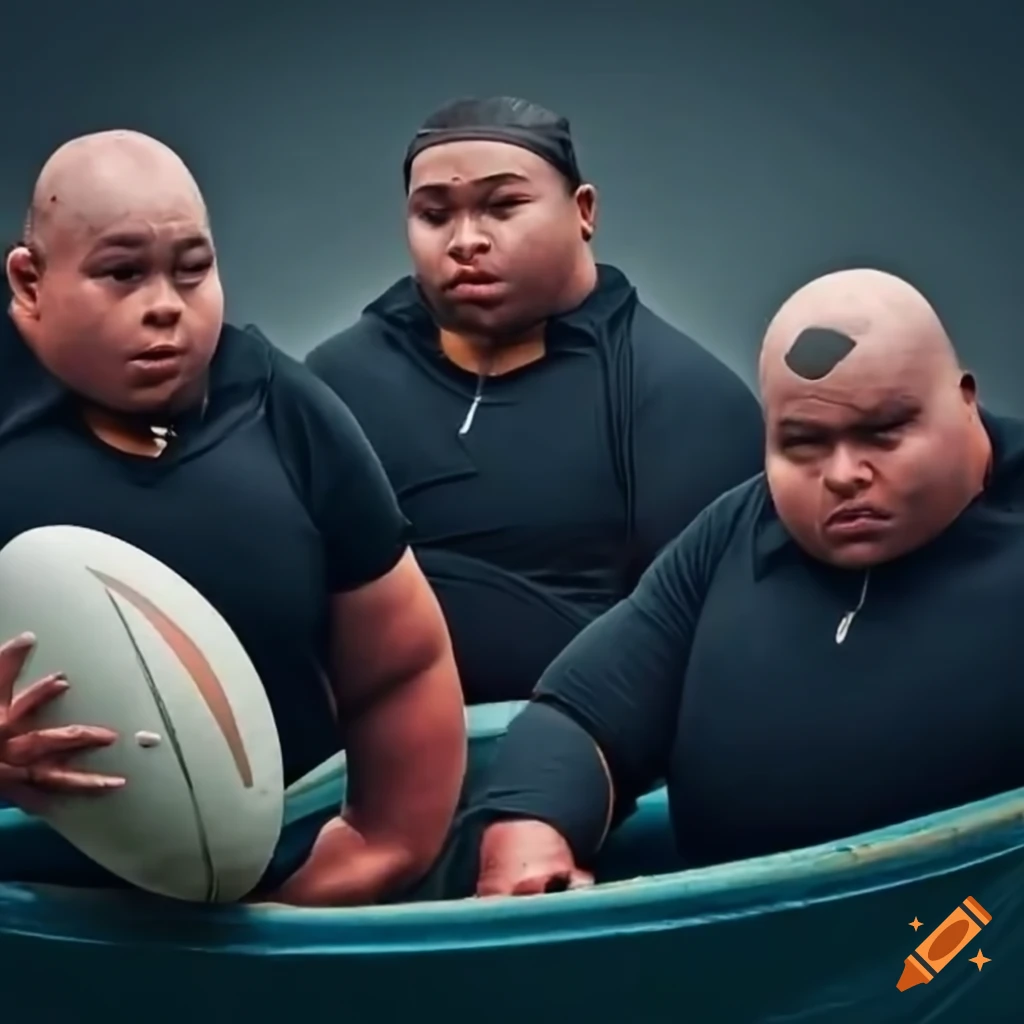 Rugby players in uniforms on a fishing boat