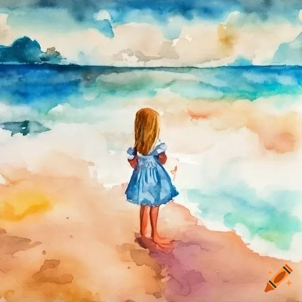 Girl in dress on beach looking at ocean with stormy clouds
