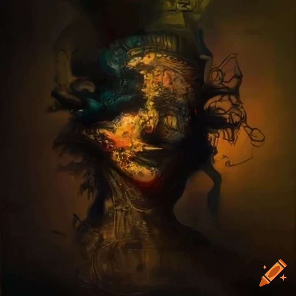 Abstract expressionistic oil painting with interconnected biomechanical forms