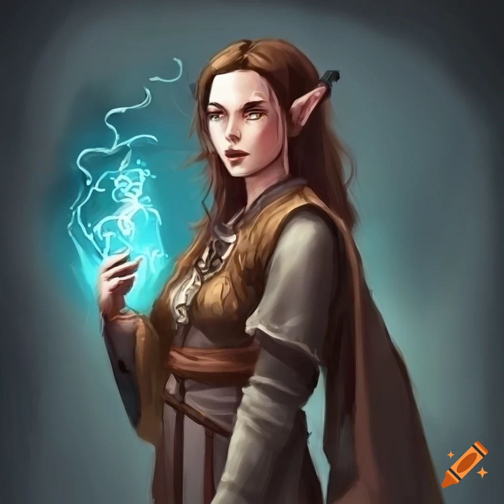 Female Druid mage in elegant natural robes with long brown hair and different colored eyes, standing in a fantasy setting