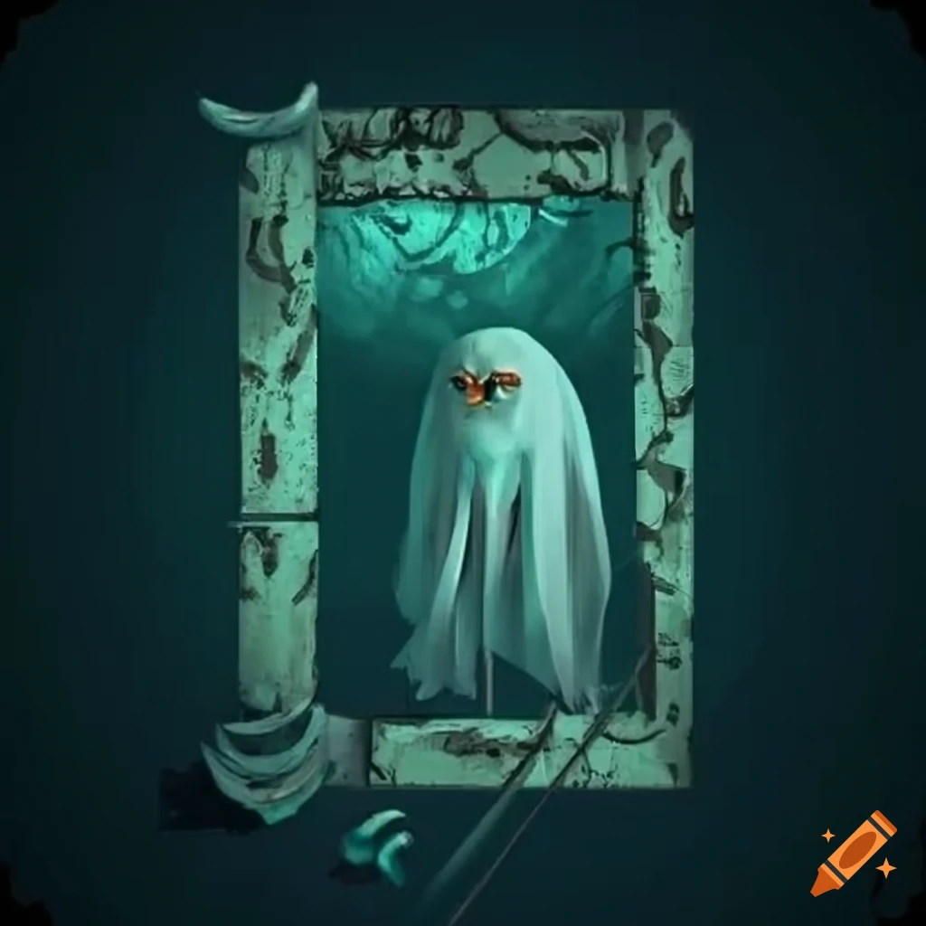 Haunted 2D pixel border frame with ghostly fisherman artifacts