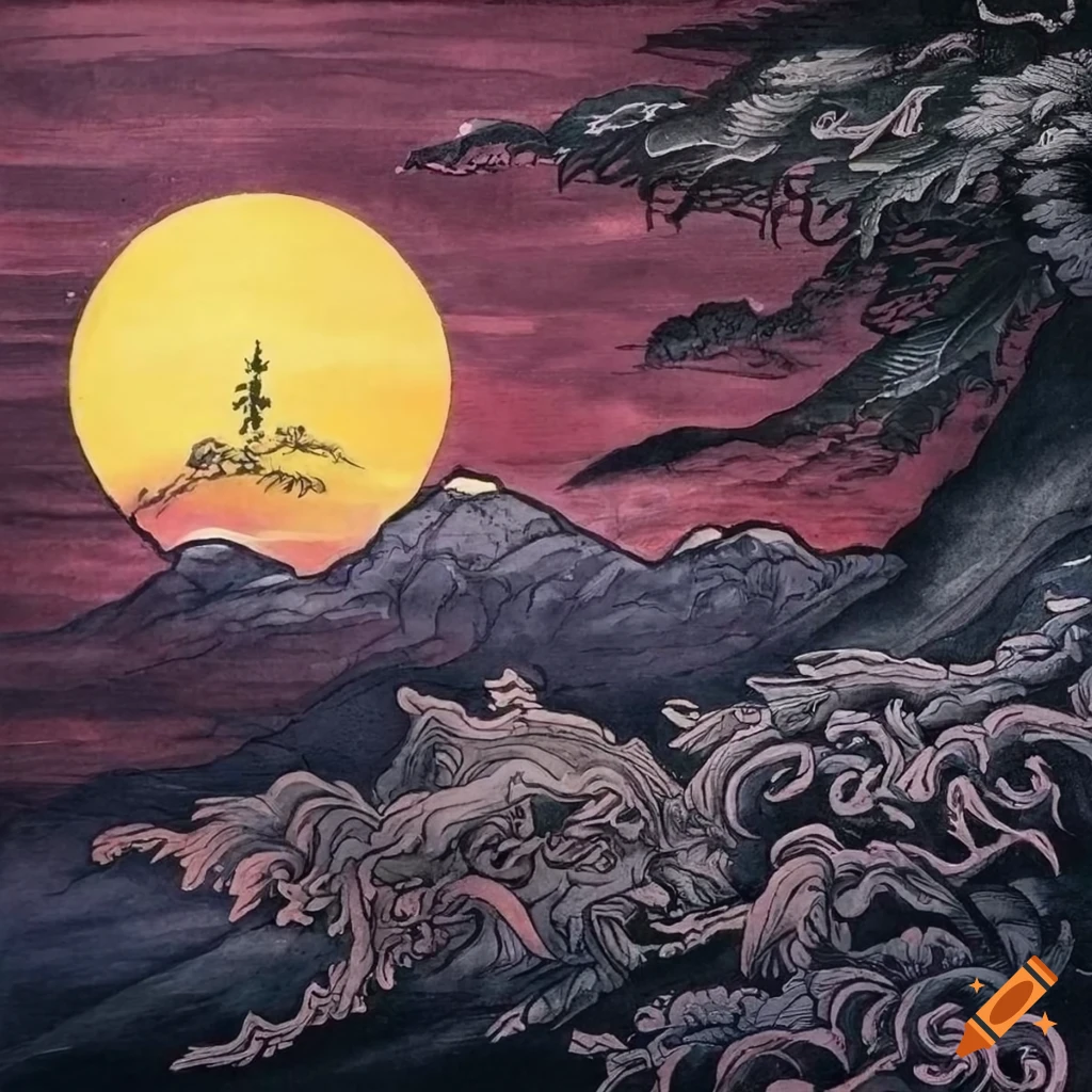 Japanese ink illustration of a fairy in a sunset with dark colors