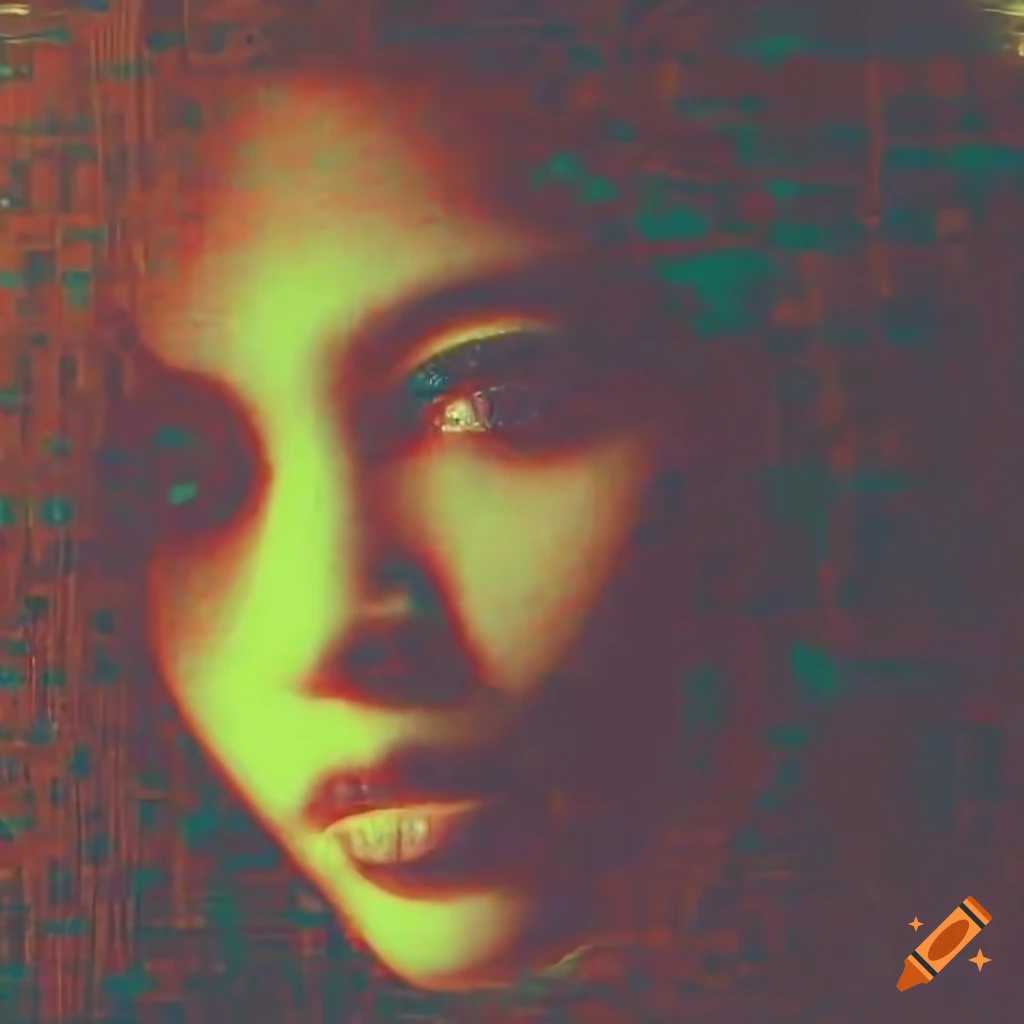 Double exposure of a female face with curly hair and glitchy grunge textures