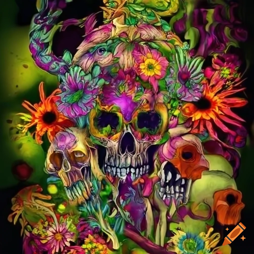 Summer floral biomechanical monster in a colorful image with skulls and blooming meadow