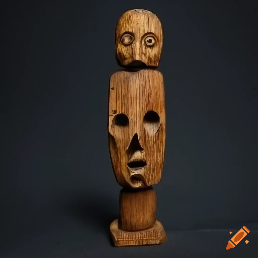 Antique wooden idol with hollowed-out eyes in darkness