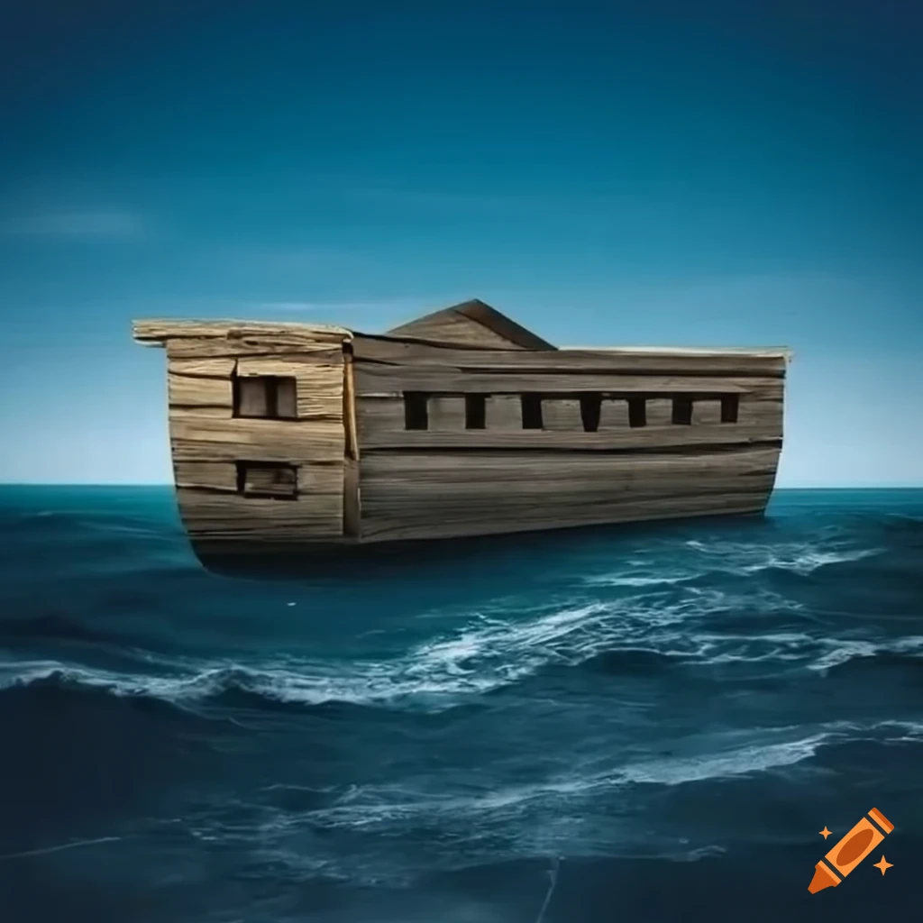 Long narrow wooden ark on stormy sea