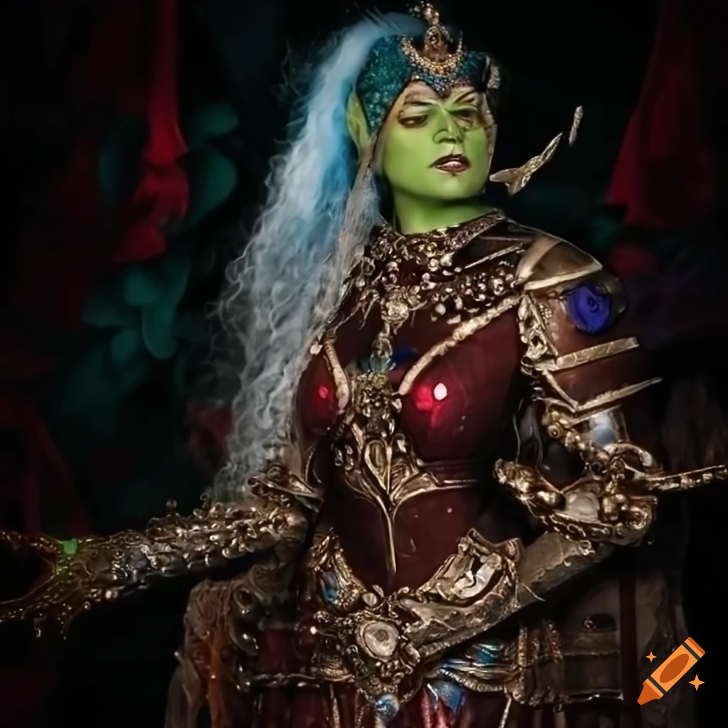 Ethereal exotic Orc royal beauty in gem-adorned armor