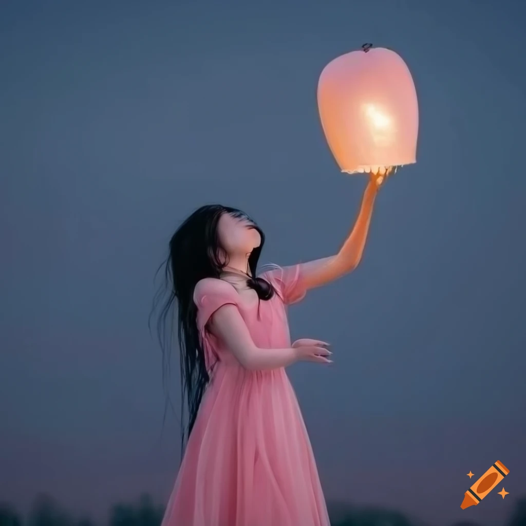 Girl in pink dress with flowing black hair releasing lantern balloon into night sky