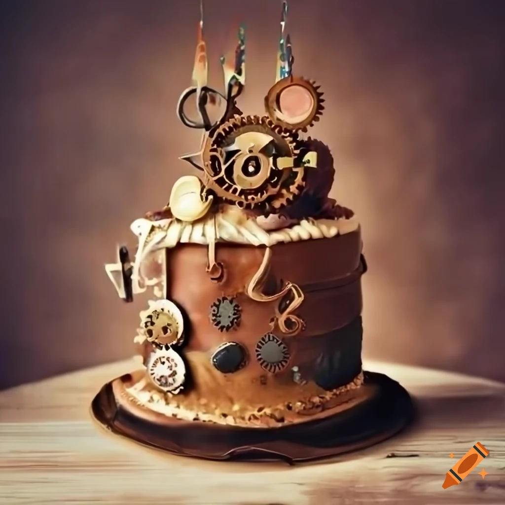 Realistic steampunk birthday cake with vintage shoe and Happy Birthday inscription