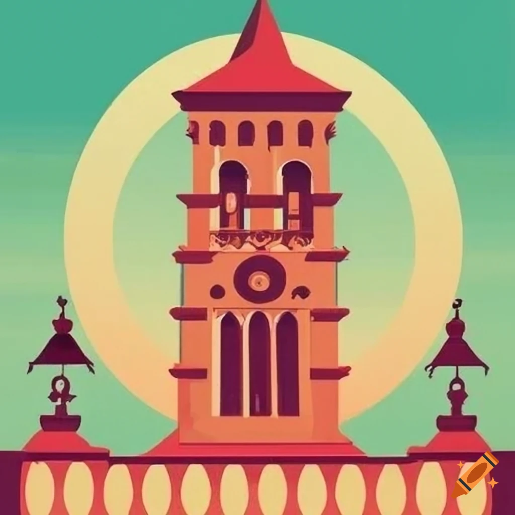 Bell in tower styled like vintage travel poster