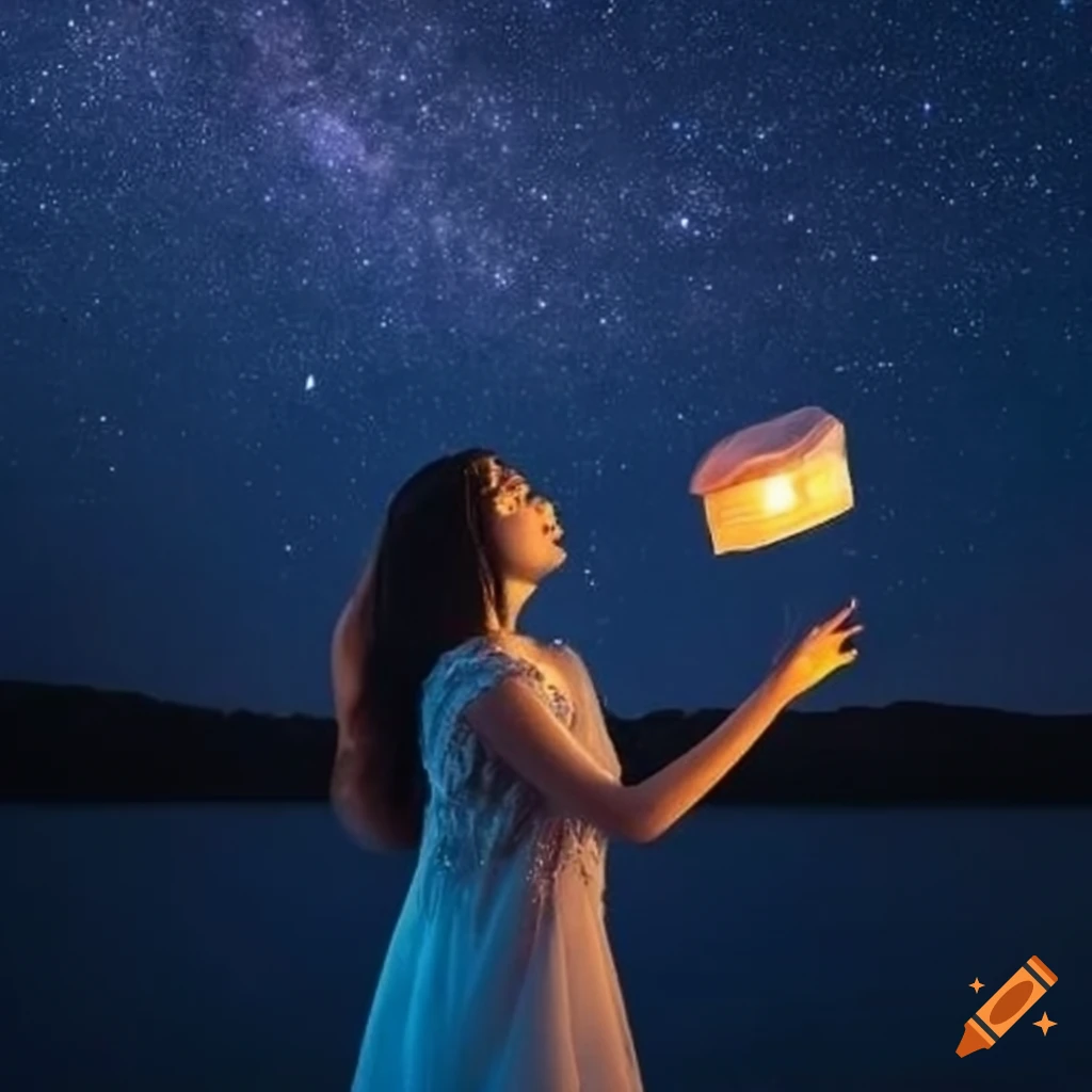 Girl releasing lantern under starry night sky