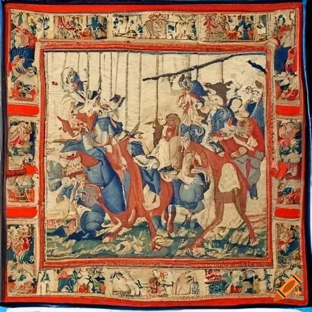 Medieval tapestry depicting a hunting party with hunting horns
