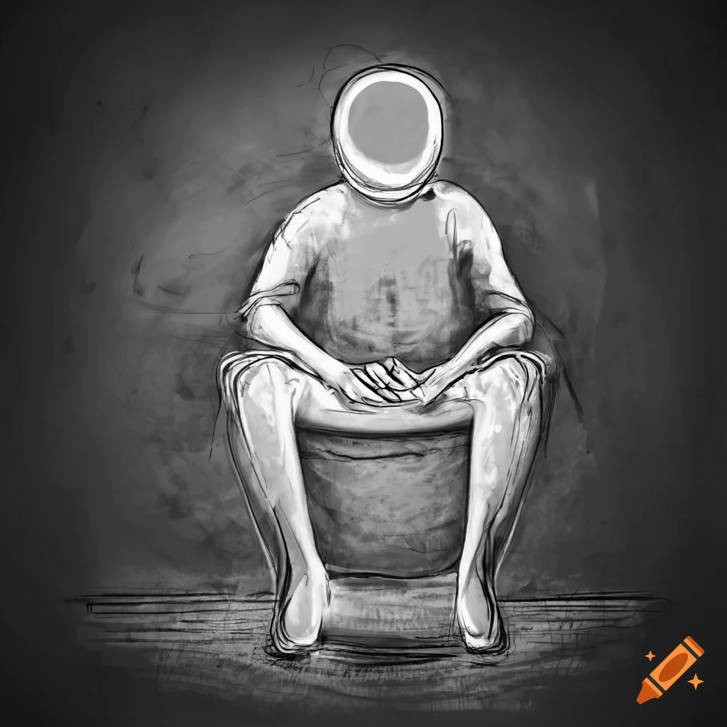 Abstract sketch of a man sitting on a toilet with a grey background