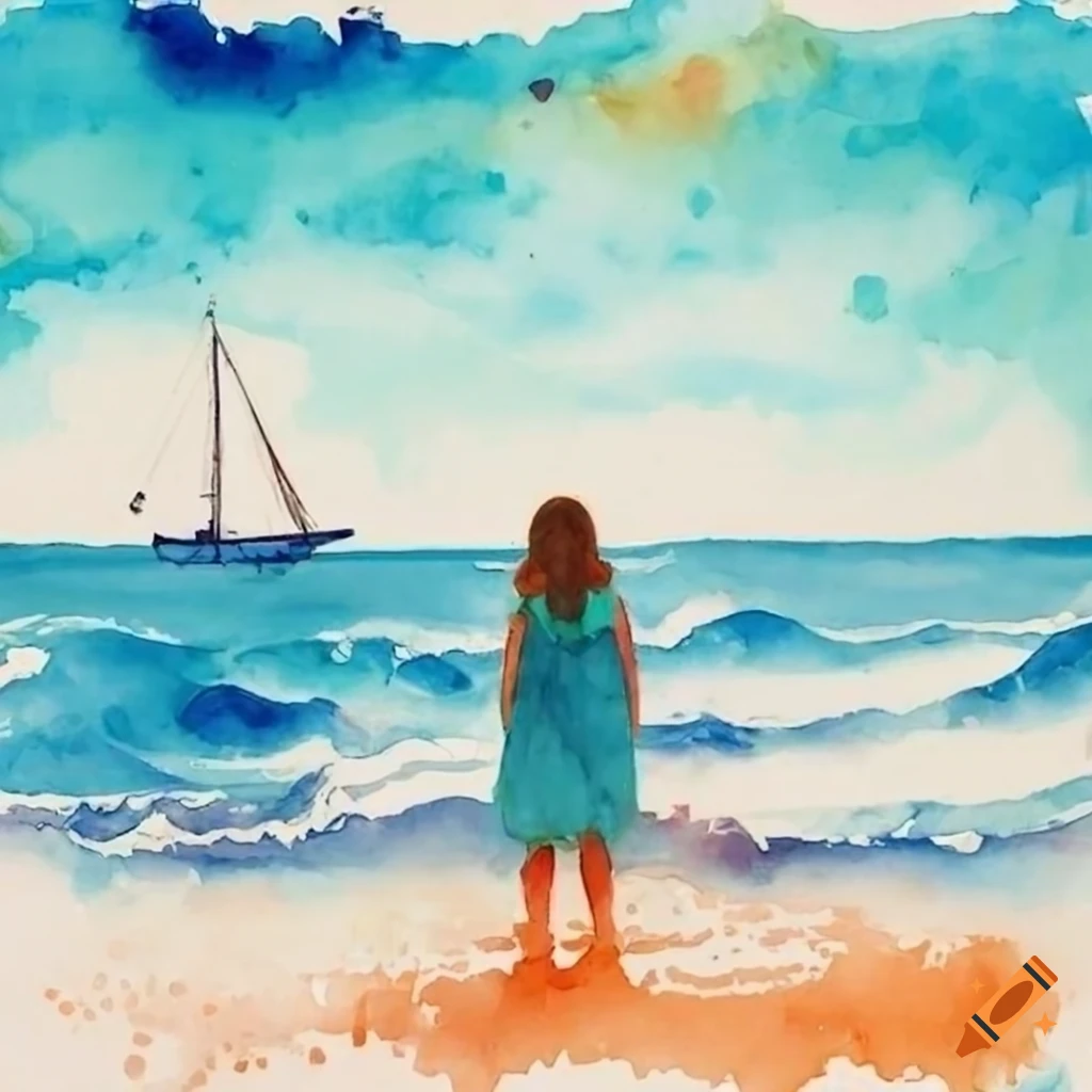Girl in a dress standing on the beach with high waves and a sailboat in the ocean