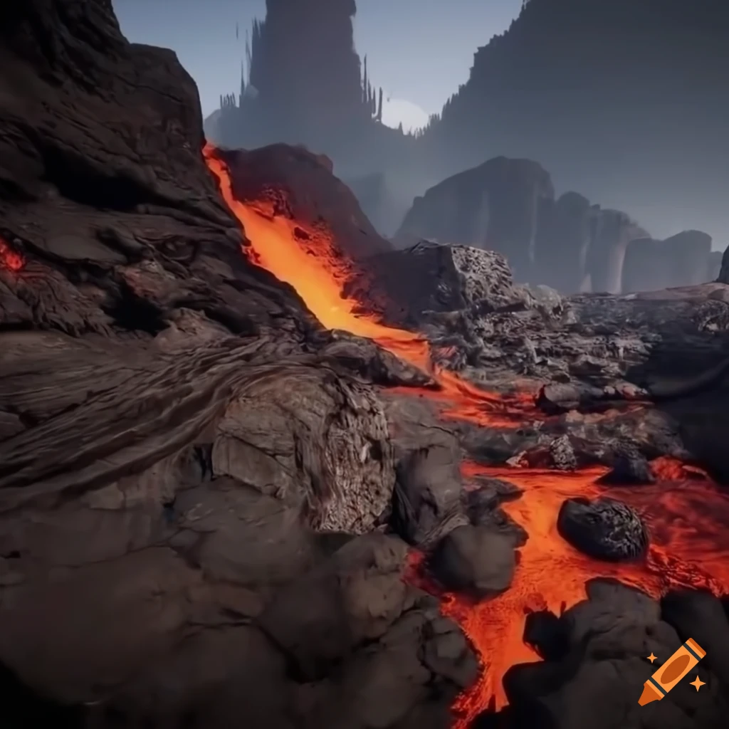 Erupted canyon filled with lava in a nature scene after a long dry period