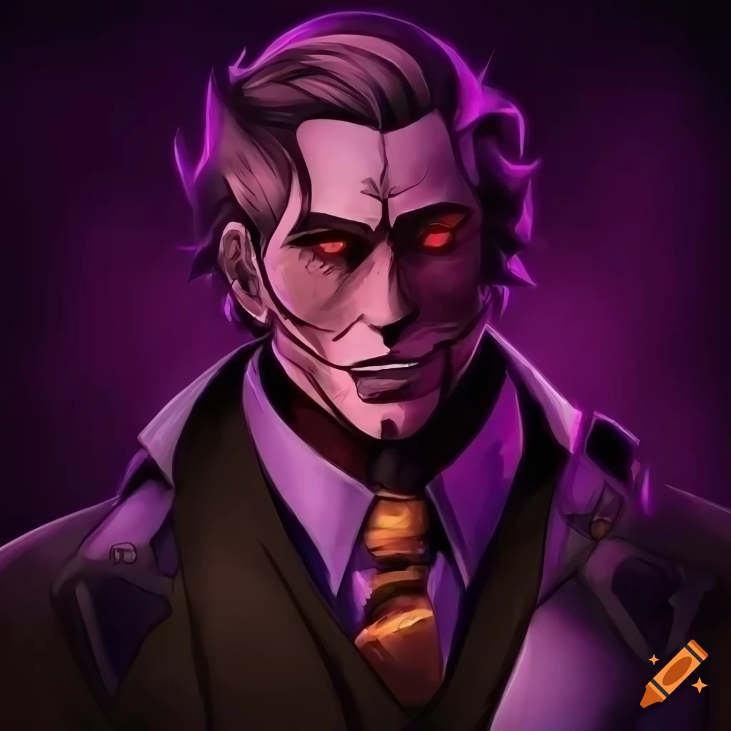 William Afton character with glowing red eyes and patchwork skin in a purple coat