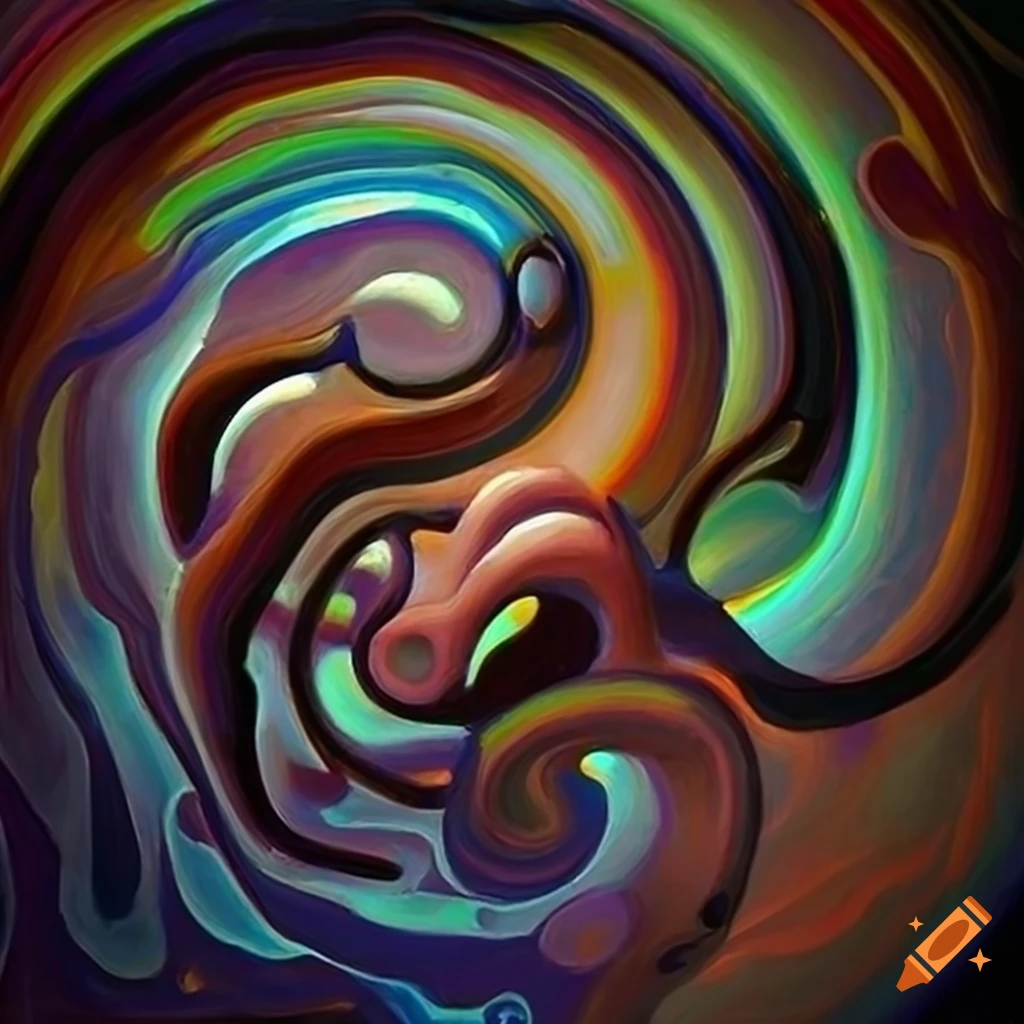 Abstract expressionistic organic silhouette of interconnected biomechanical forms in 17th century style oil painting