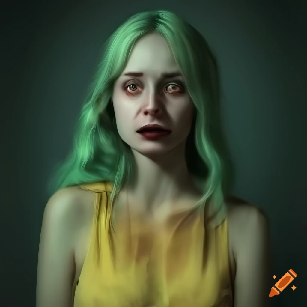 Ethereal photorealistic woman with pale skin and wild light green hair in a dark bedroom